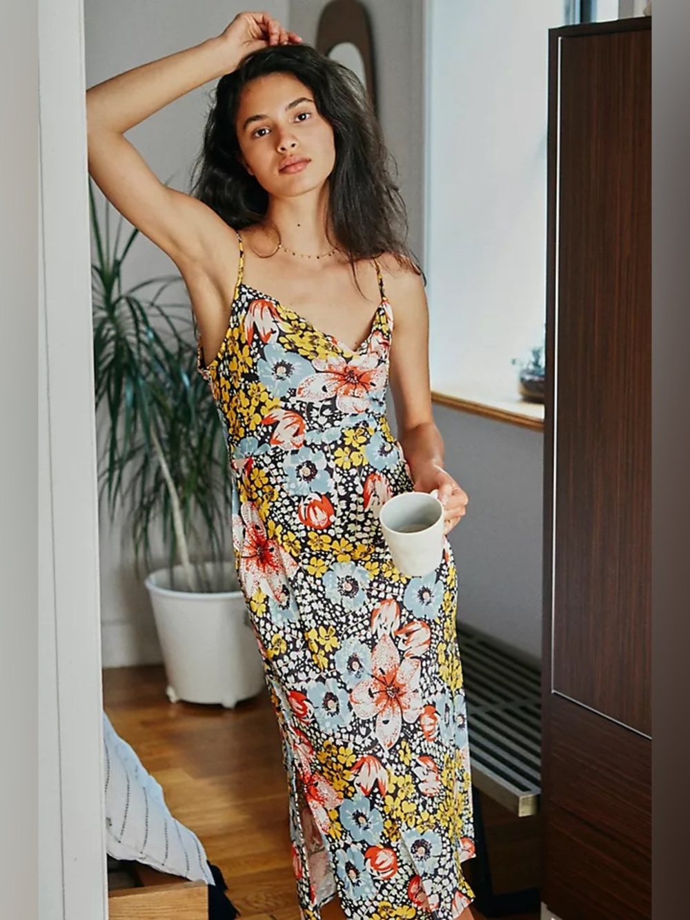 Anthropologie Elyse Floral Satin Cowl Neck Bias Slip Midi Dress Sz S